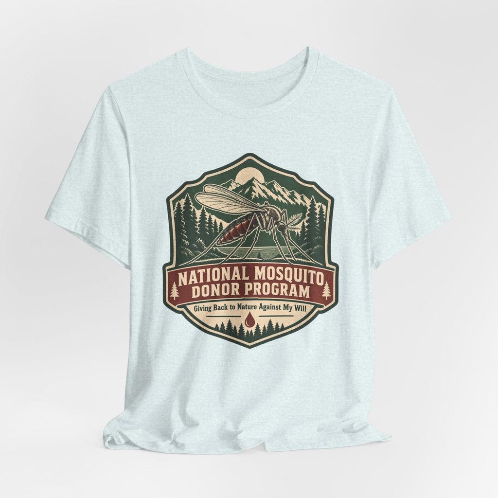National Mosquito Donor Program T-Shirt flat lay Athletic Heather - unisex crew neck mosquito humor graphic tee, Barely Outdoorsy