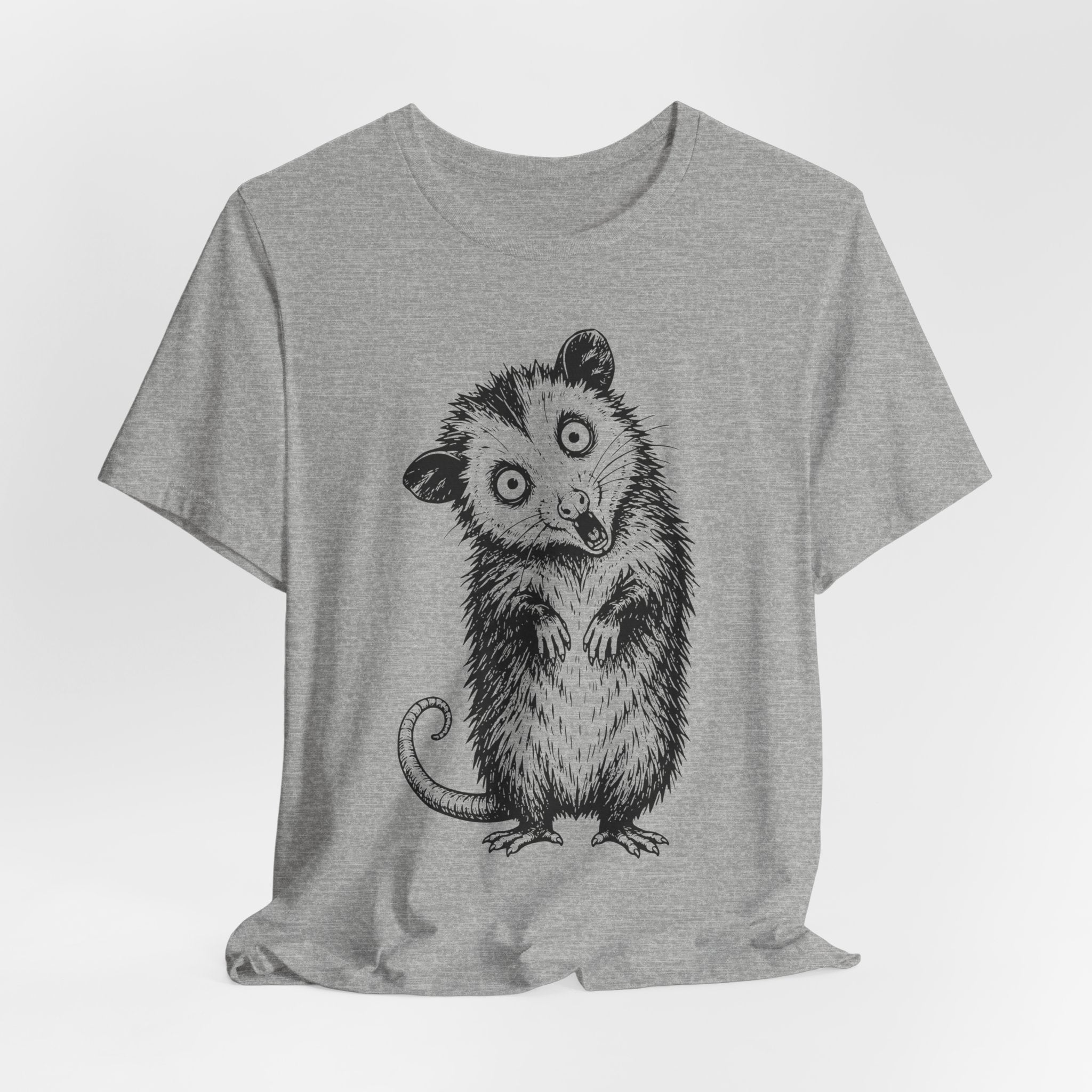 Unhinged Opossum Tee in Pink detail - opossum unhinged humor close-up graphic, Barely Outdoorsy Bella Canvas 3001