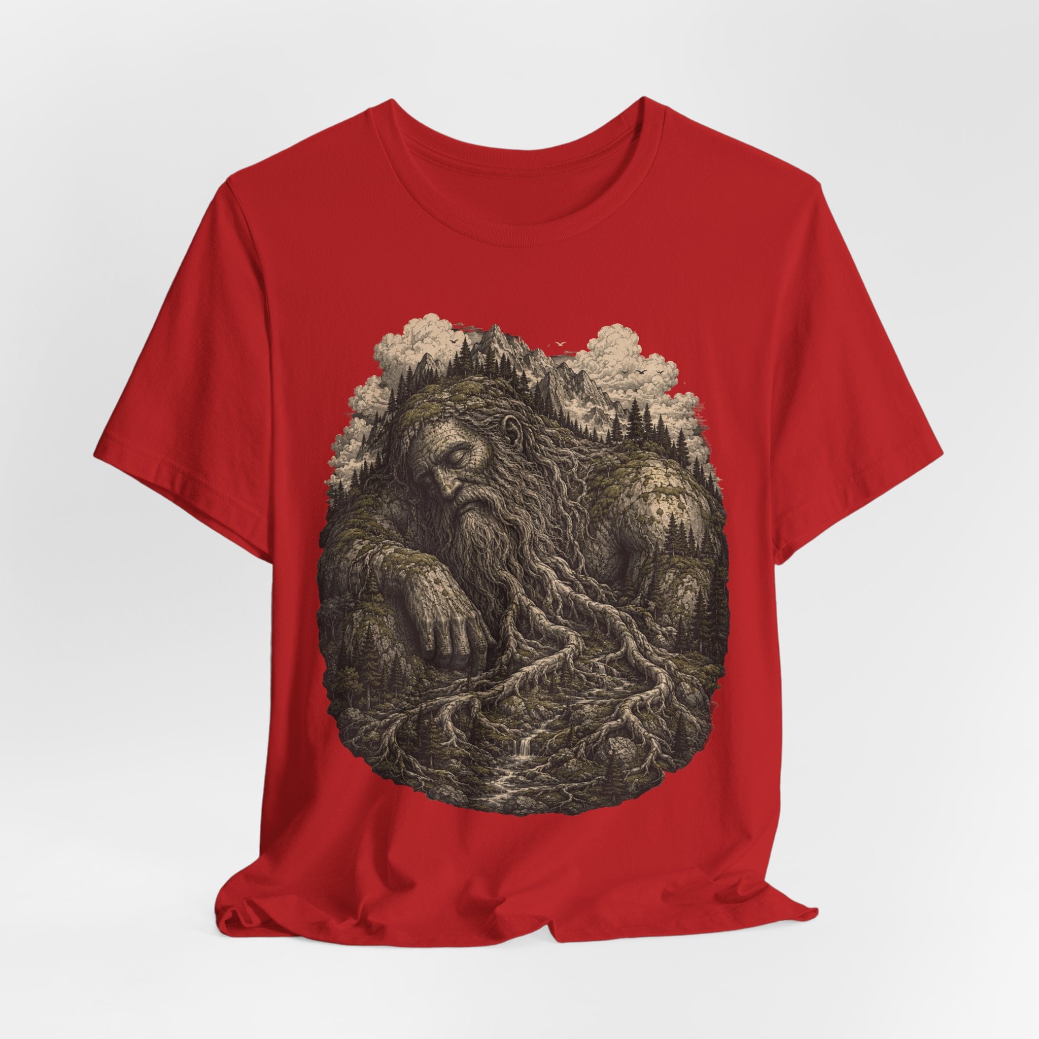 Sleeping Mountain Giant T-Shirt in Black detail - painterly fantasy giant mountain close-up graphic