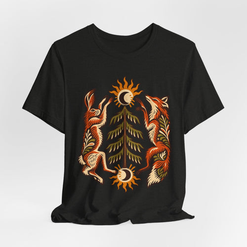 Fox and Hare Folk Art T-Shirt in Dark Grey Heather - folk art fox and hare woodland wildlife graphic tee, Barely Outdoorsy Bella Canvas 3001
