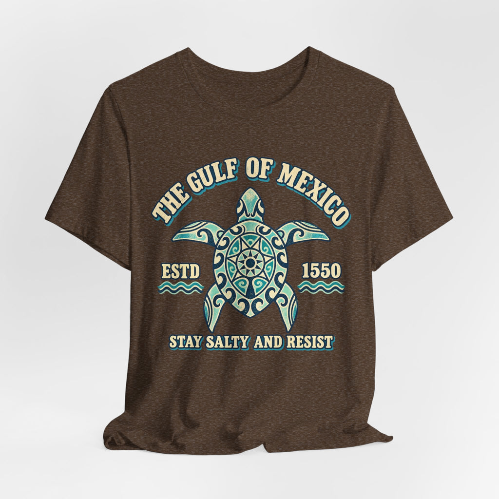 Gulf of Mexico Stay Salty and Resist Tee in Dark Olive - Gulf of Mexico sea turtle resistance shirt, Barely Outdoorsy Bella Canvas 3001