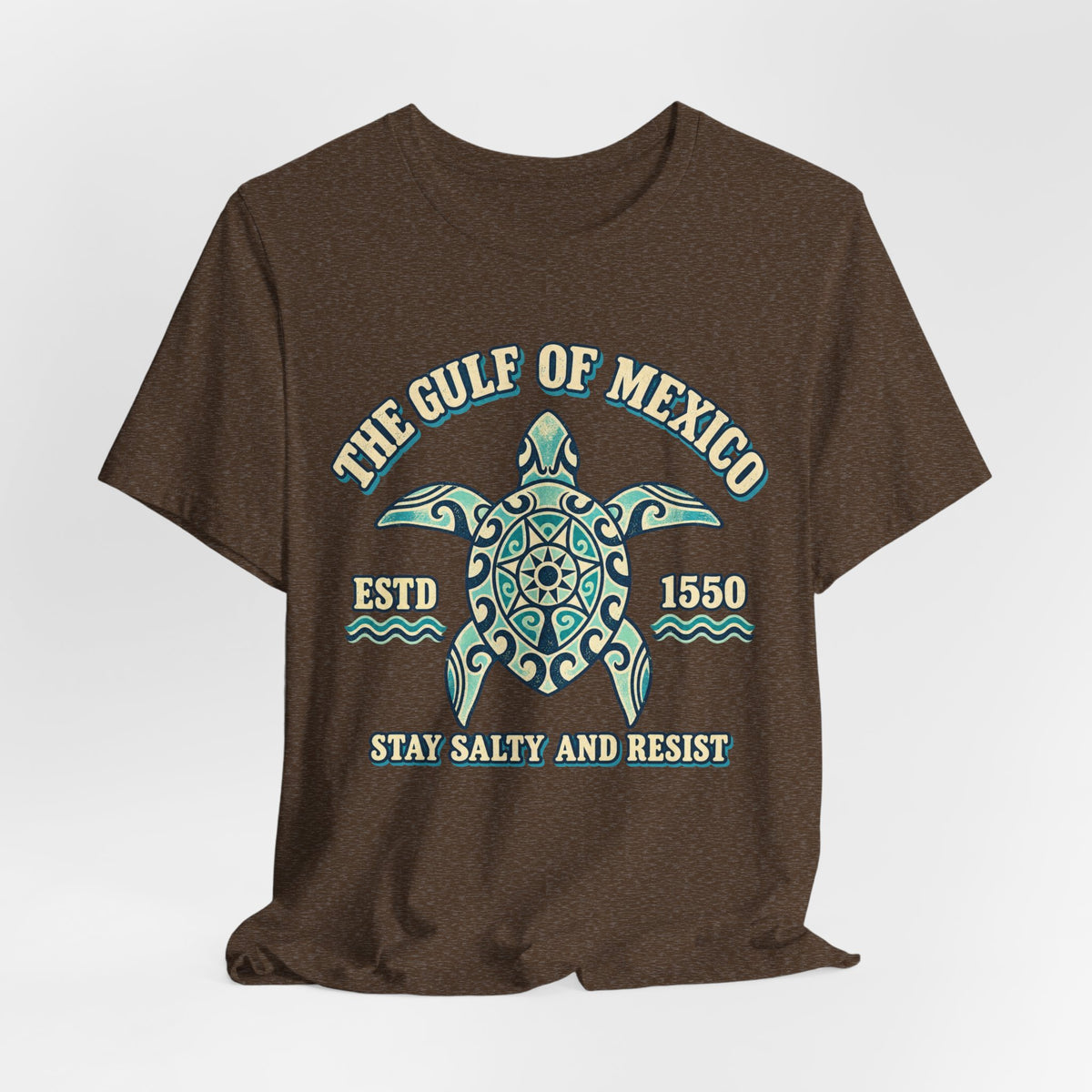 Gulf of Mexico Stay Salty and Resist Tee in Dark Olive - Gulf of Mexico sea turtle resistance shirt, Barely Outdoorsy Bella Canvas 3001