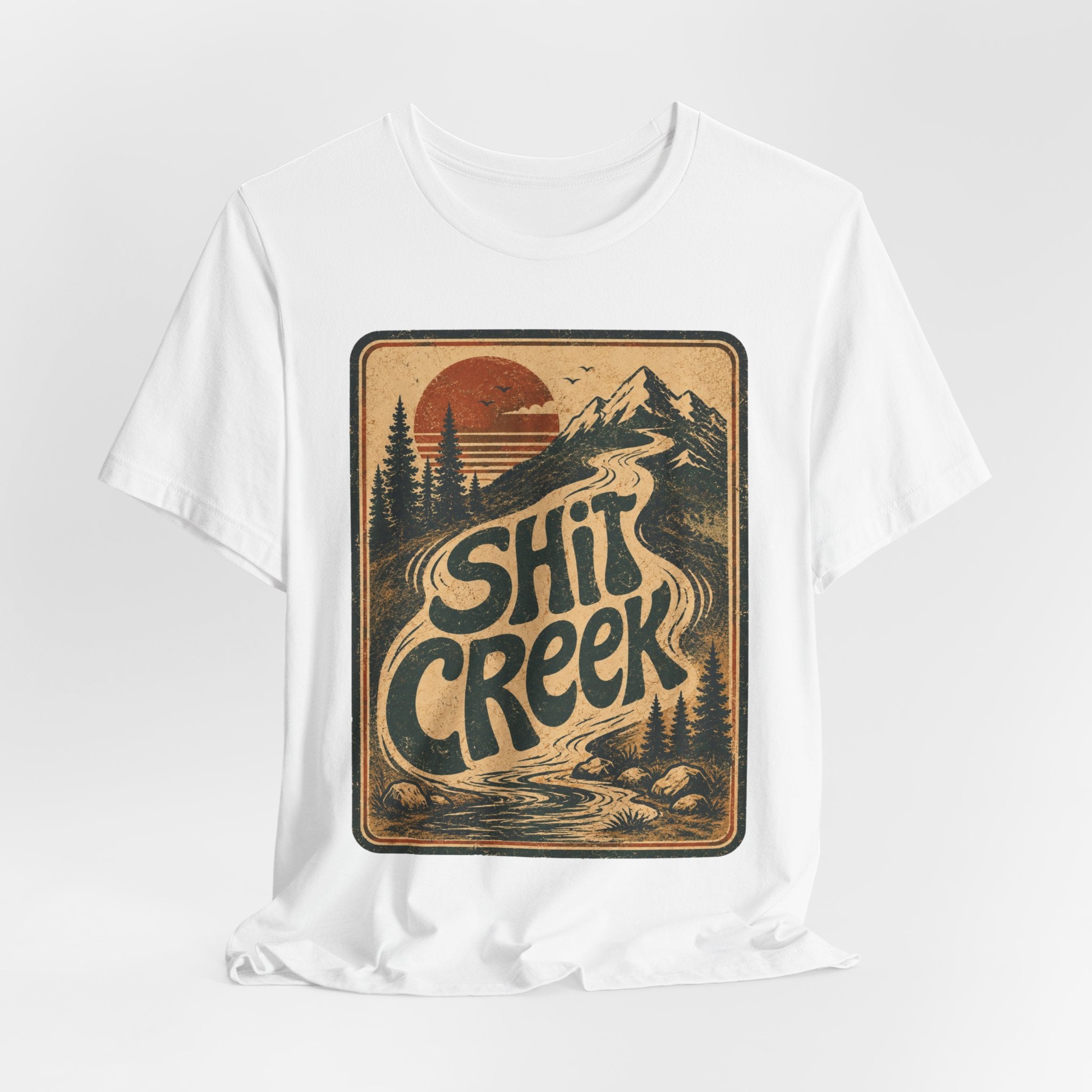 Shit Creek Retro Mountain Tee in Athletic Heather - funny hiking shit creek shirt, Barely Outdoorsy