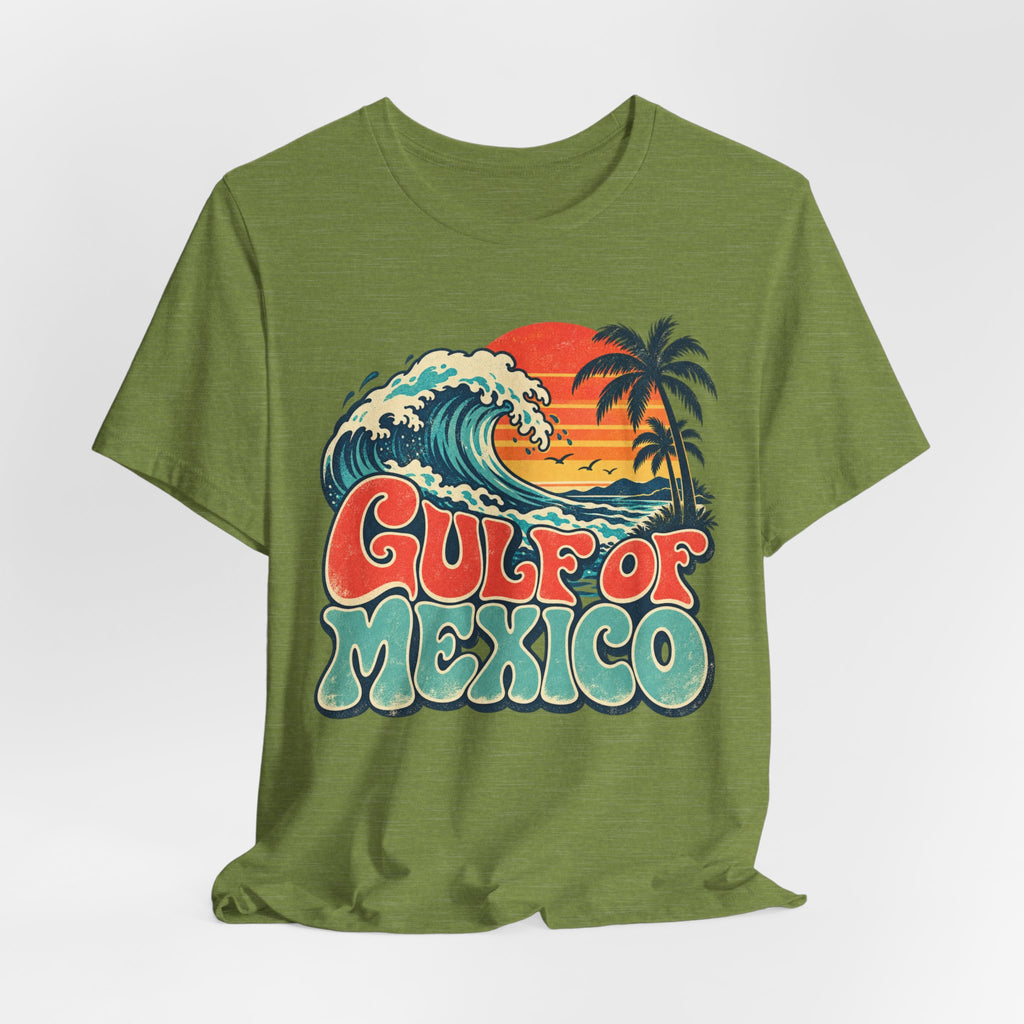 Gulf of Mexico Retro Beach Tee in Heather Stone - retro Gulf of Mexico beach shirt, Barely Outdoorsy Bella Canvas 3001