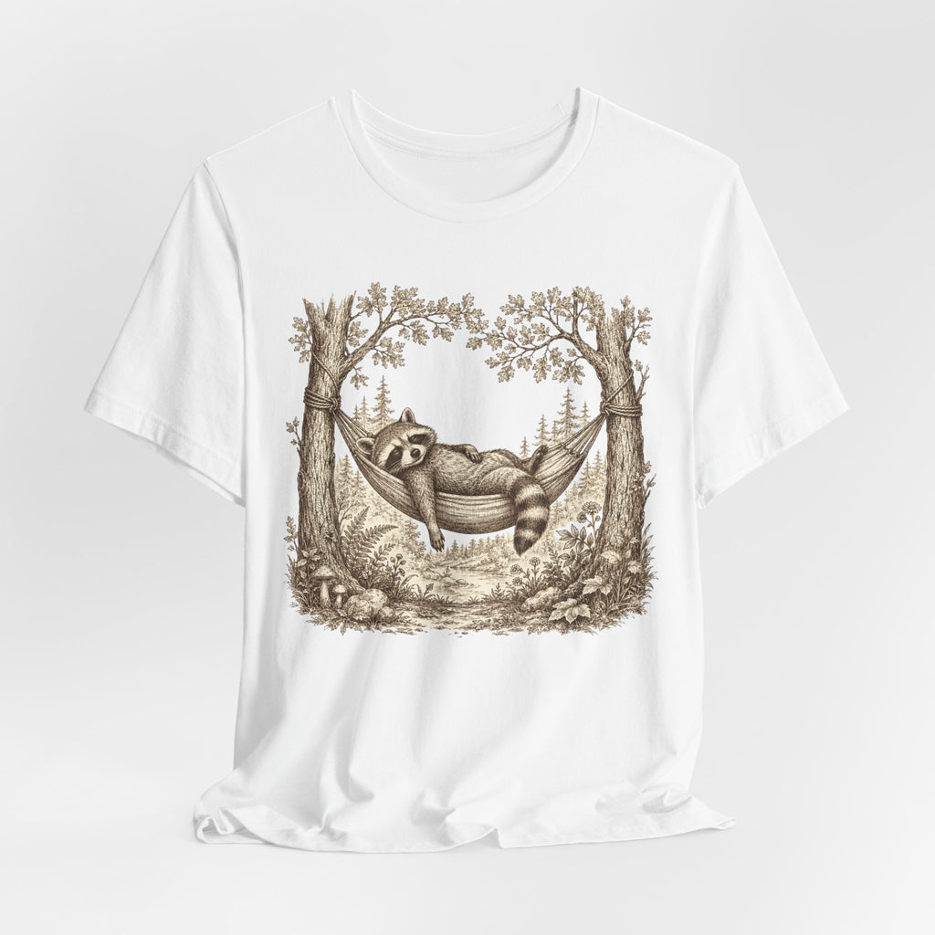 Raccoon Hammock Tee in Heather True Royal - sepia crosshatch raccoon hammock nature shirt, Barely Outdoorsy