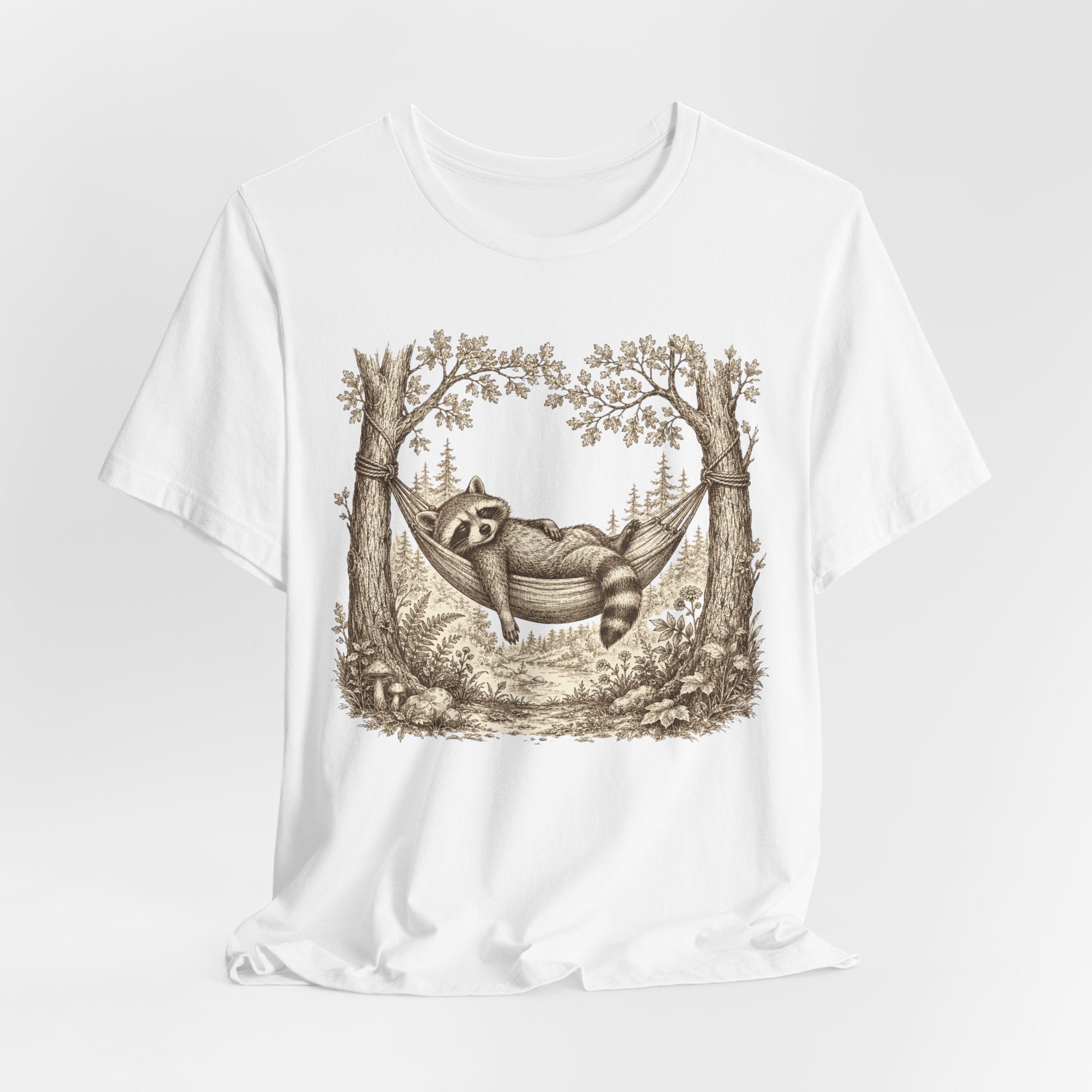 Raccoon Hammock Tee in Heather True Royal - sepia crosshatch raccoon hammock nature shirt, Barely Outdoorsy