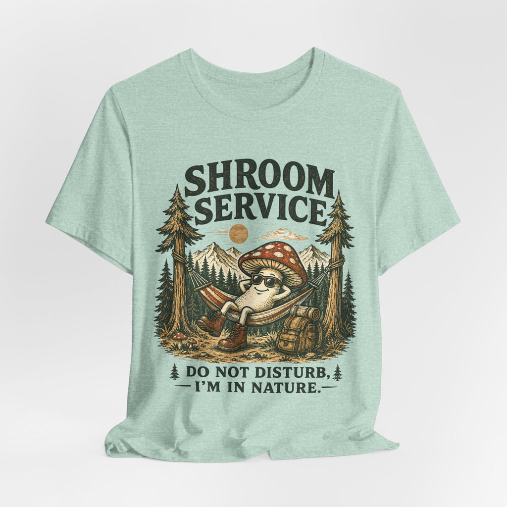 Shroom Service Tee in Heather Mustard - funny mushroom hammock humor shirt, Barely Outdoorsy Bella Canvas