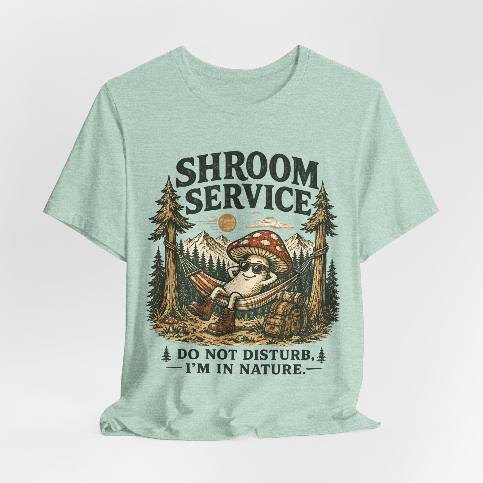 Shroom Service Tee in Heather Mustard - funny mushroom hammock humor shirt, Barely Outdoorsy Bella Canvas